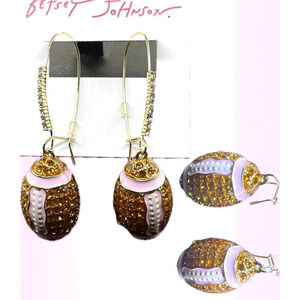 Betsey Johnson Football Brown-Pink Crystal Pave Shepherd Hook Dangle Earrings
